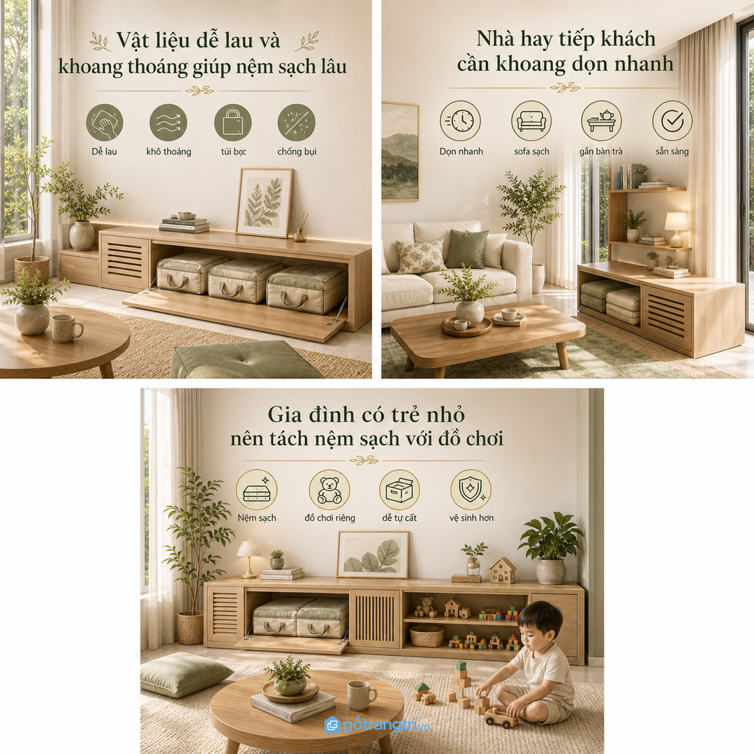 Căn hộ nhỏ hợp tủ thấp liền kệ tivi hoặc cạnh sofa