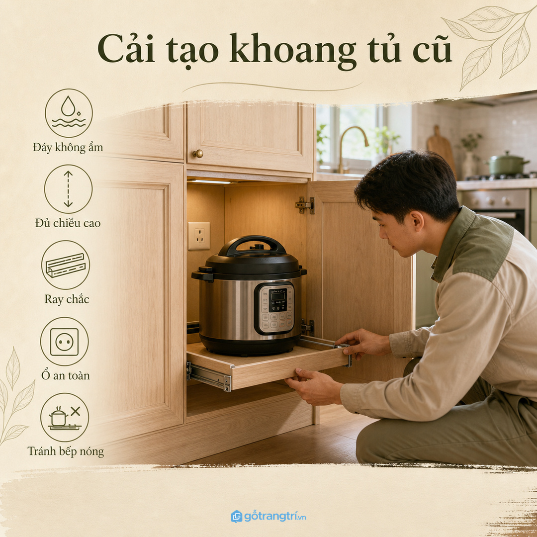 Tủ bếp cũ có thể cải tạo một khoang cho nồi áp suất điện