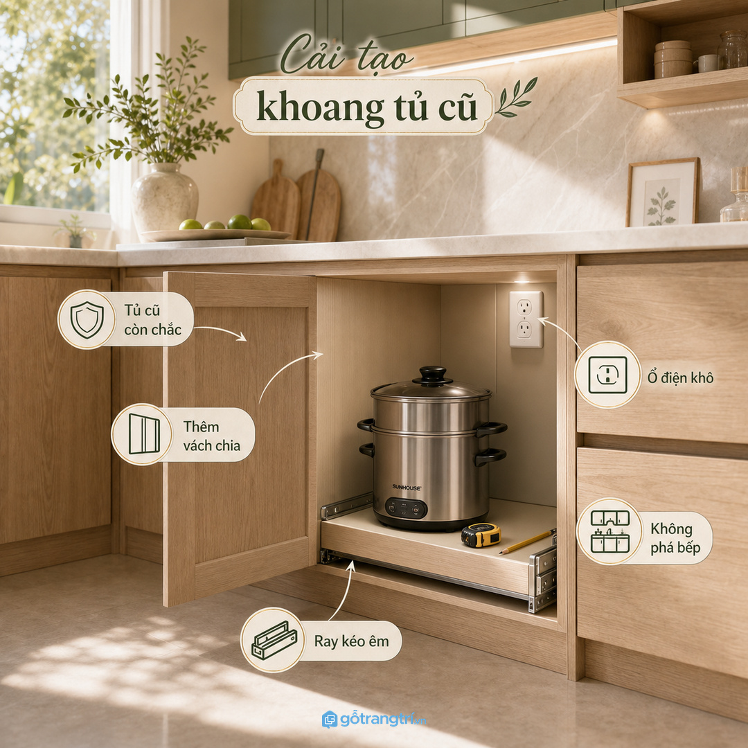 Tủ bếp cũ có thể cải tạo một khoang cho nồi hấp điện