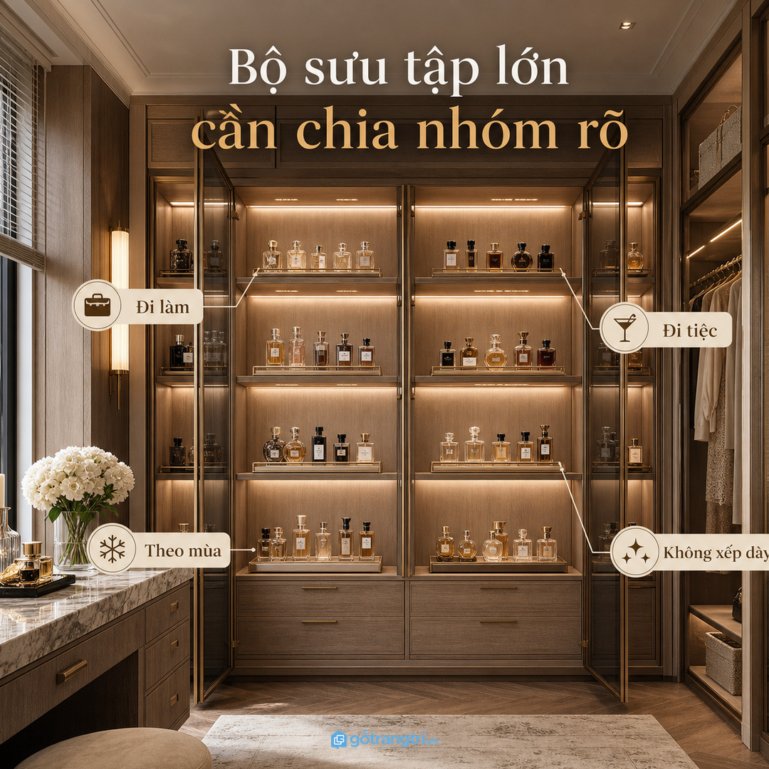 Bộ sưu tập nước hoa lớn nên chia nhóm rõ và không trưng bày quá dày