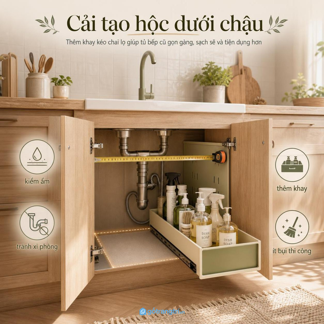 Tủ bếp cũ có thể cải tạo thêm khay chai rửa