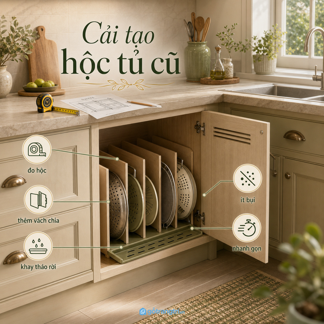 Tủ bếp cũ có thể cải tạo một hộc thành khoang rổ rá