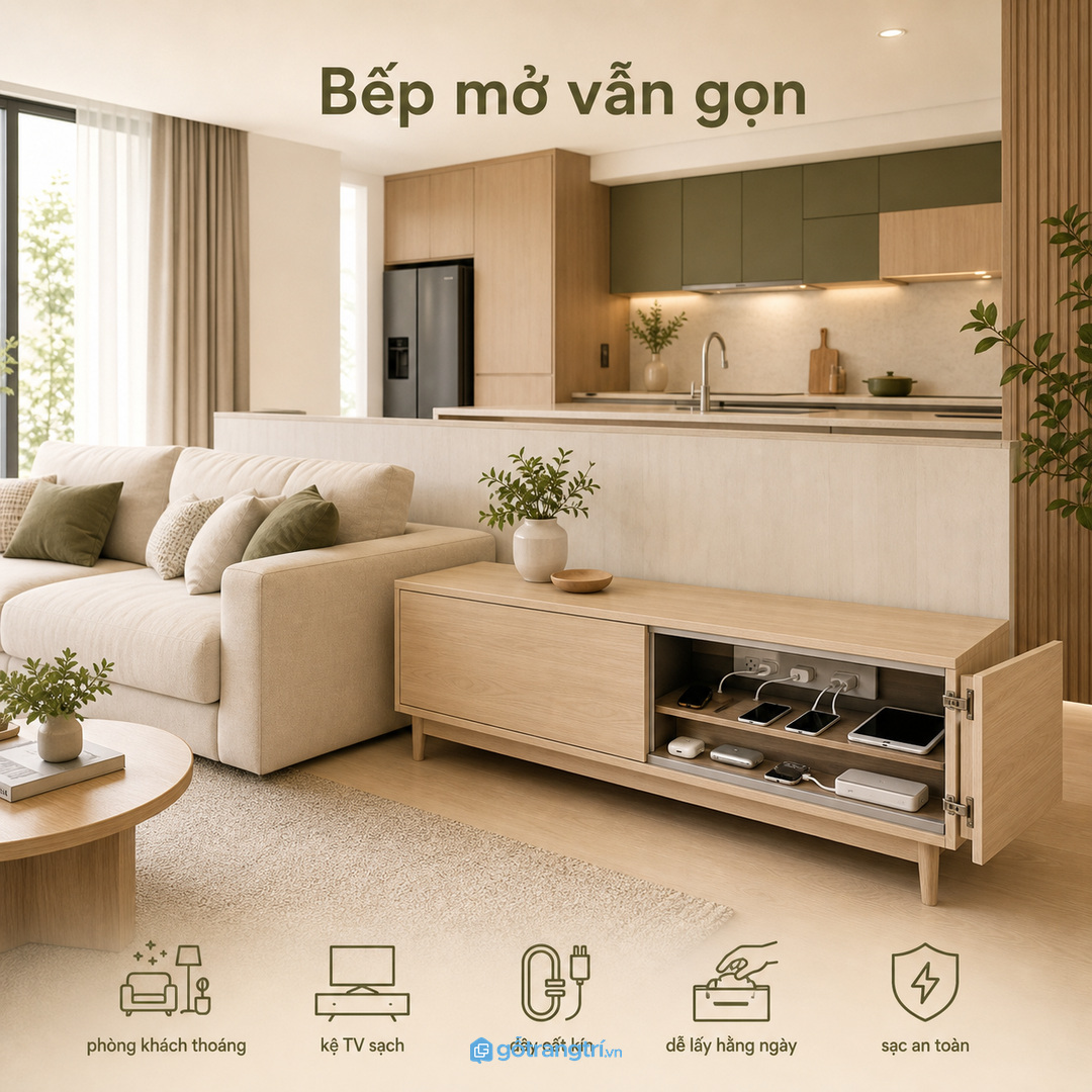 Bếp mở phòng khách vẫn gọn dây sạc