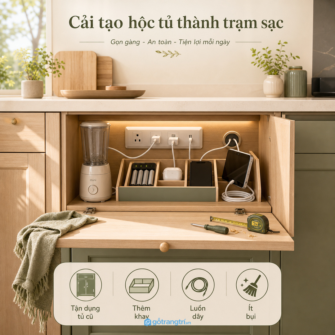 Tủ bếp cũ có thể cải tạo một hộc khô để làm trạm sạc thiết bị