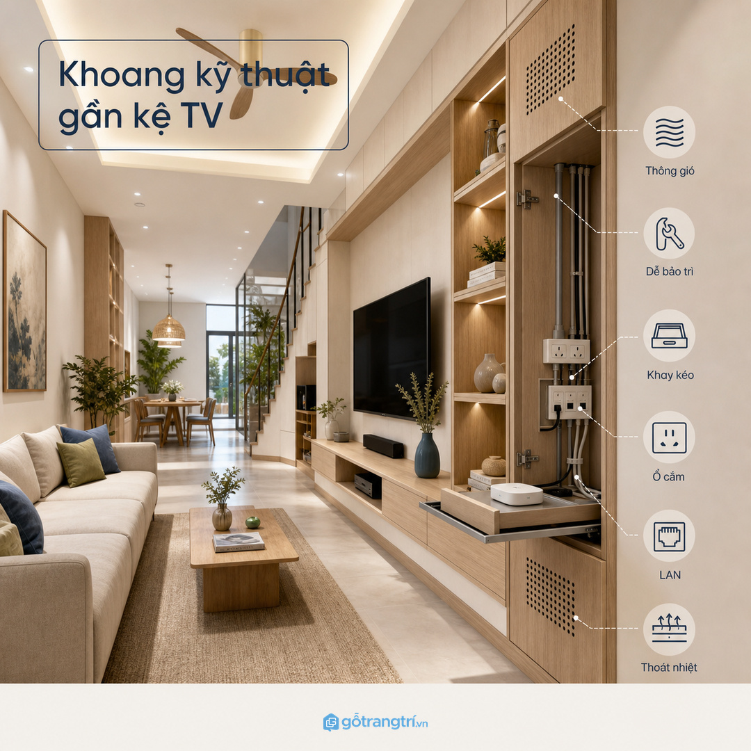 Nhà phố hẹp cần khoang kỹ thuật gần kệ TV có thông gió và dễ bảo trì