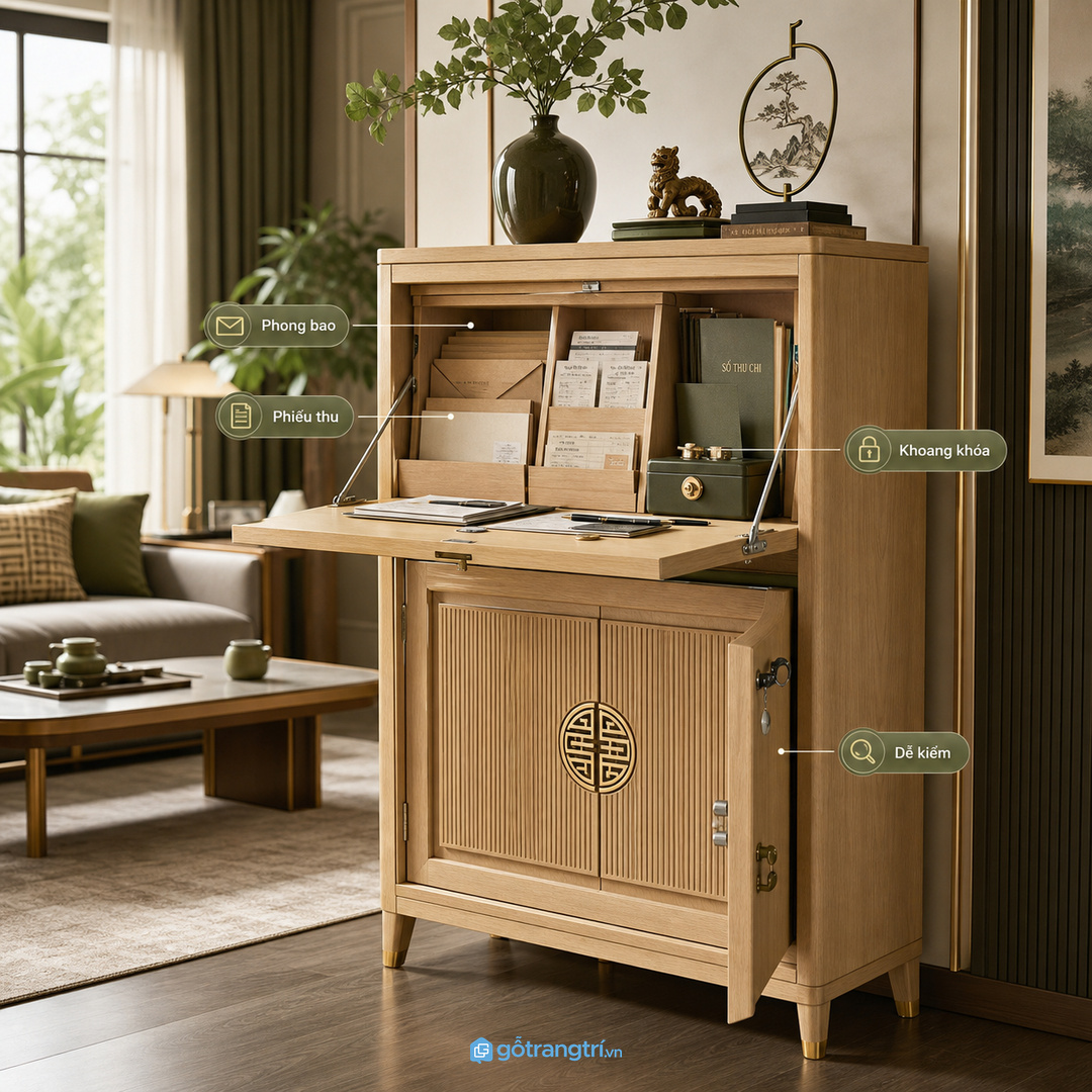 Gia đình làm kinh doanh nên có khoang riêng cho giấy tờ và phong bao