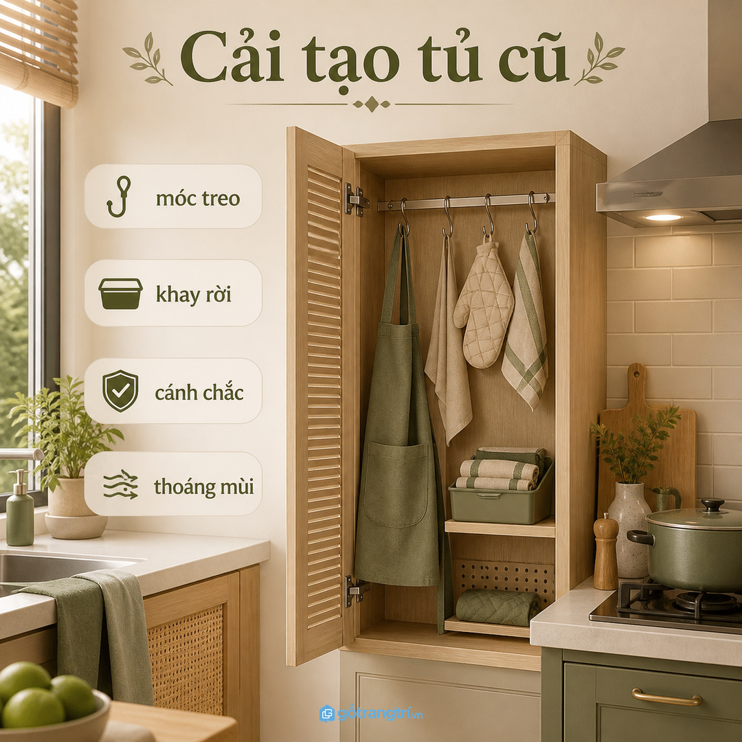 Tủ bếp cũ có thể bổ sung móc treo và khoang phụ nếu khung còn tốt