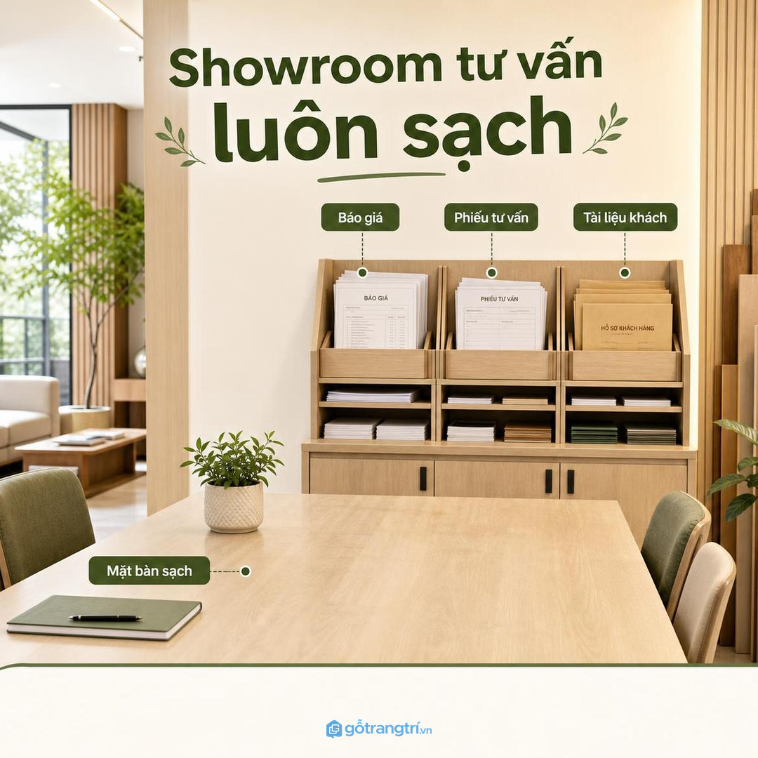 Showroom tư vấn cần tủ thư thấp để mặt bàn khách luôn sạch và chuyên nghiệp