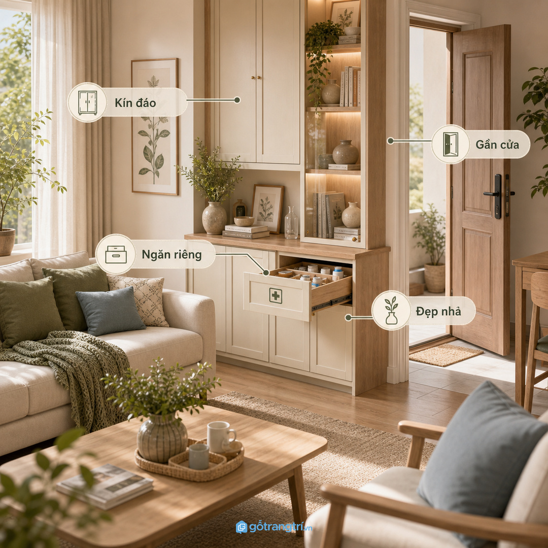 Nhà phố hay tiếp khách cần tủ thuốc kín đáo trong tủ trang trí