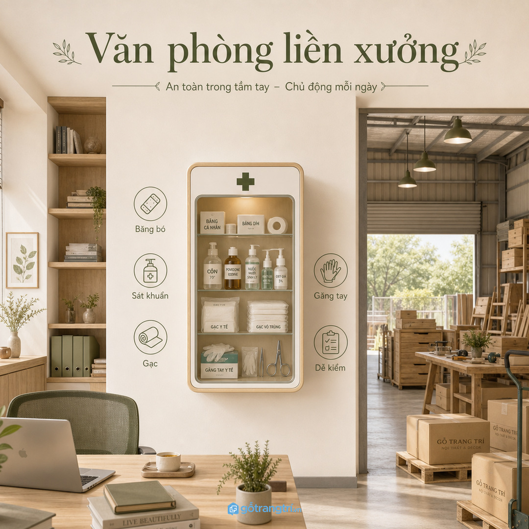 Văn phòng liền xưởng hoặc kho cần tủ sơ cứu chia nhóm đồ rõ hơn