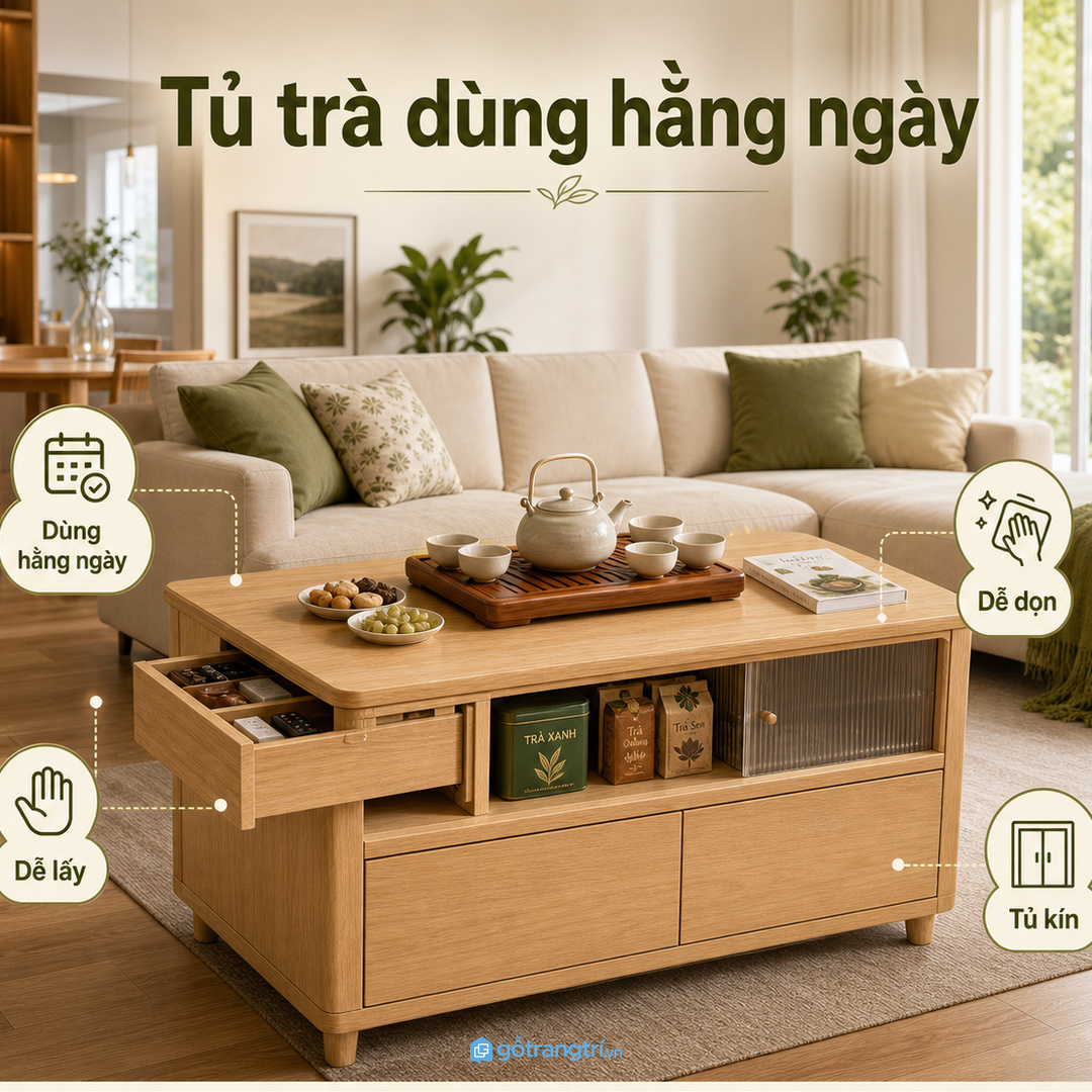 Phòng sinh hoạt gia đình cần tủ trà dễ lấy, dễ dọn mỗi ngày