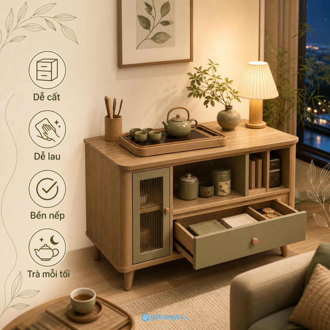Gia đình thích uống trà mỗi tối cần tủ dễ cất, dễ lau và bền nếp