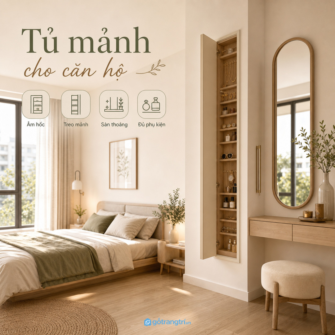 Tủ trang sức âm hốc hoặc treo mảnh hợp phòng ngủ căn hộ nhỏ