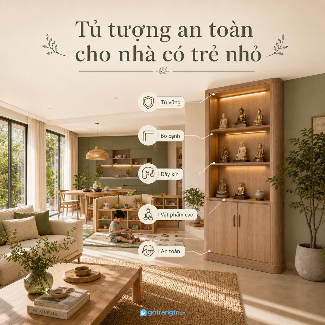 Nhà có trẻ nhỏ cần tủ vững, cạnh mềm và vật phẩm khó với