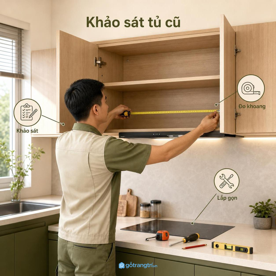 Tủ bếp cũ cần khảo sát khoang tủ trước khi cải tạo nâng hạ