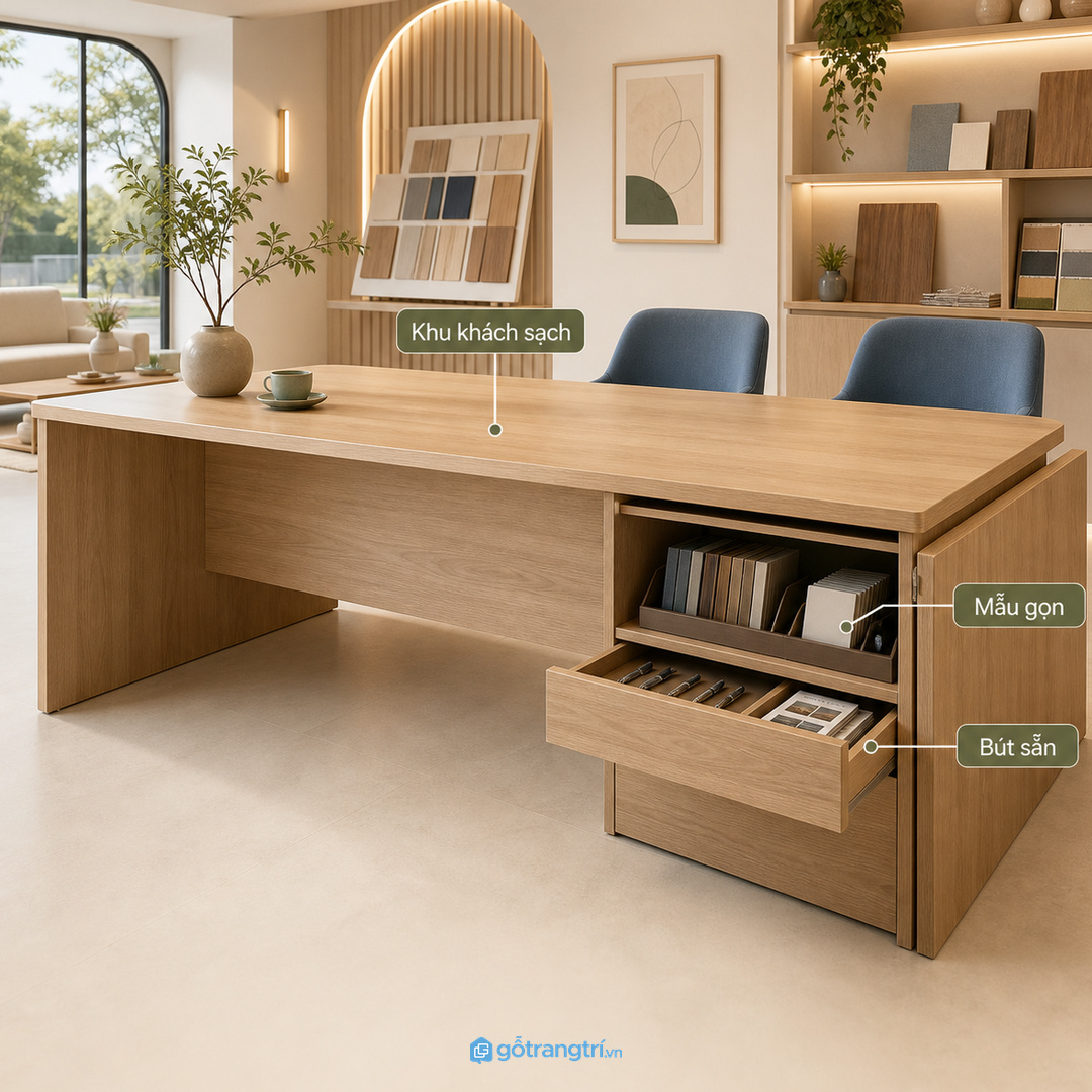 Showroom tư vấn cần tủ thấp để khu khách luôn sạch và sẵn bút mẫu