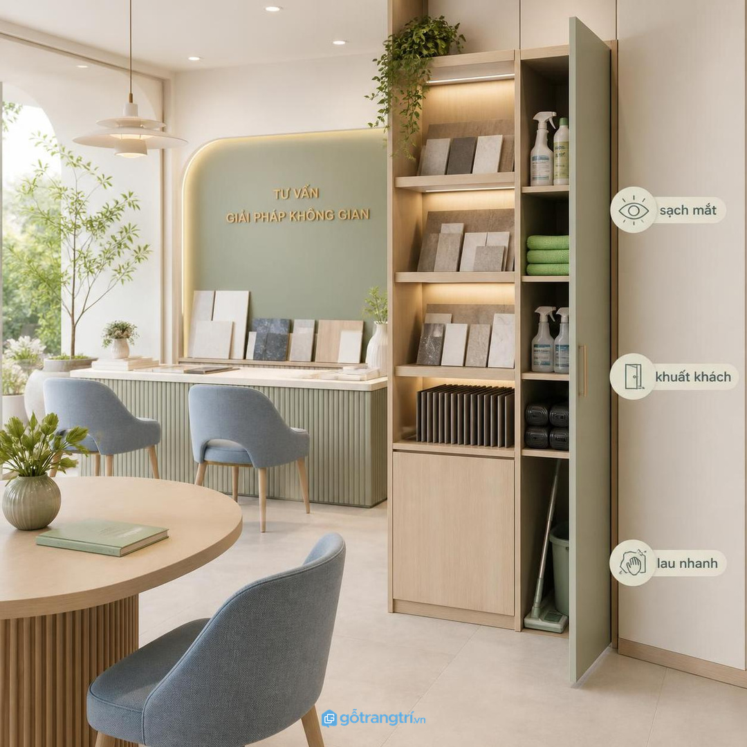 Showroom tư vấn cần tủ vật tư vệ sinh sạch mắt và dễ lấy nhanh