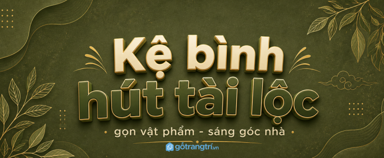 Kệ bình hút tài lộc phong thủy phòng khách nhỏ: gọn vật phẩm, sáng góc nhà