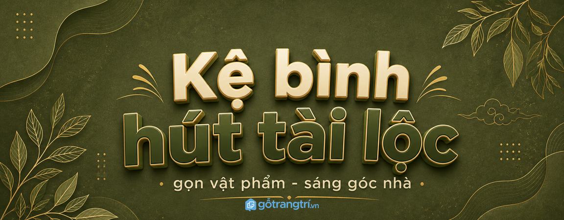Kệ bình hút tài lộc phong thủy phòng khách nhỏ: gọn vật phẩm, sáng góc nhà