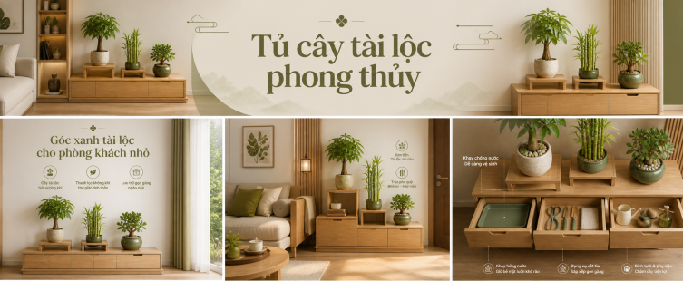 Tủ cây tài lộc phong thủy phòng khách nhỏ: gọn góc xanh, sáng nhà và dễ chăm mỗi ngày