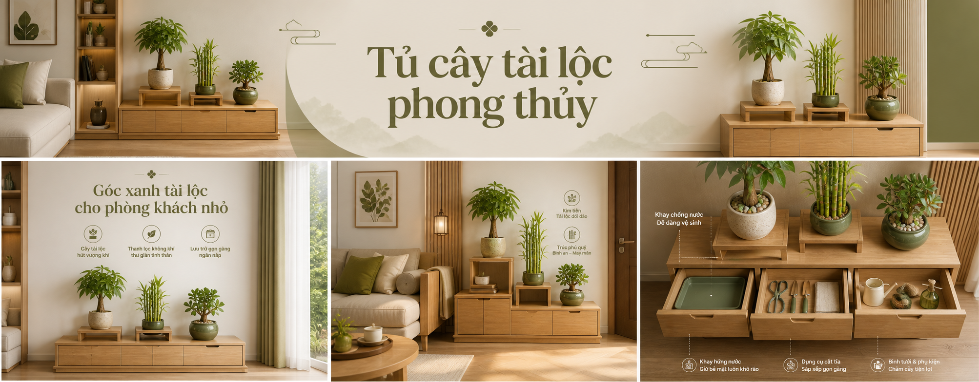 Tủ cây tài lộc phong thủy phòng khách nhỏ: gọn góc xanh, sáng nhà và dễ chăm mỗi ngày