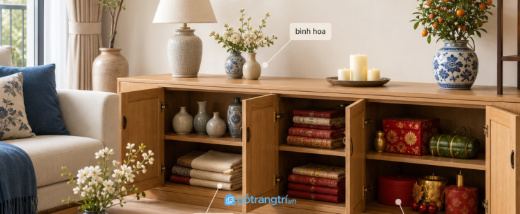 Tủ đồ trang trí theo mùa phòng khách nhỏ: gọn bình hoa, tượng nhỏ và khăn phủ