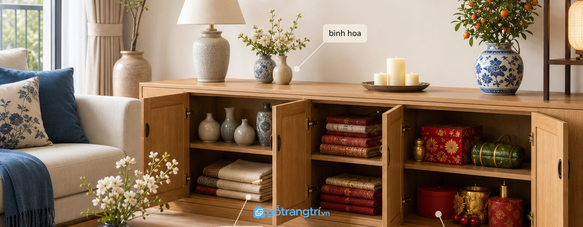 Tủ đồ trang trí theo mùa phòng khách nhỏ: gọn bình hoa, tượng nhỏ và khăn phủ