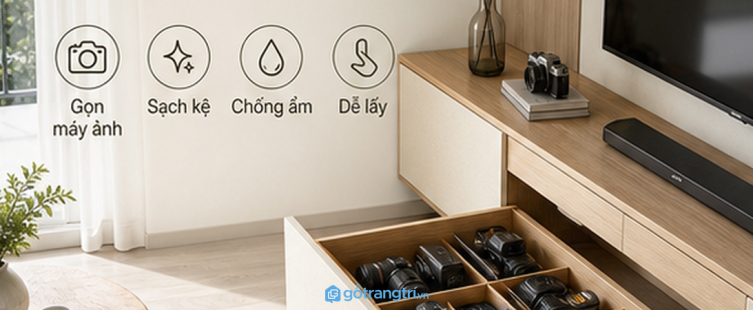 Tủ cất máy ảnh phòng khách nhỏ: gọn máy, sạch kệ và dễ lấy khi cần