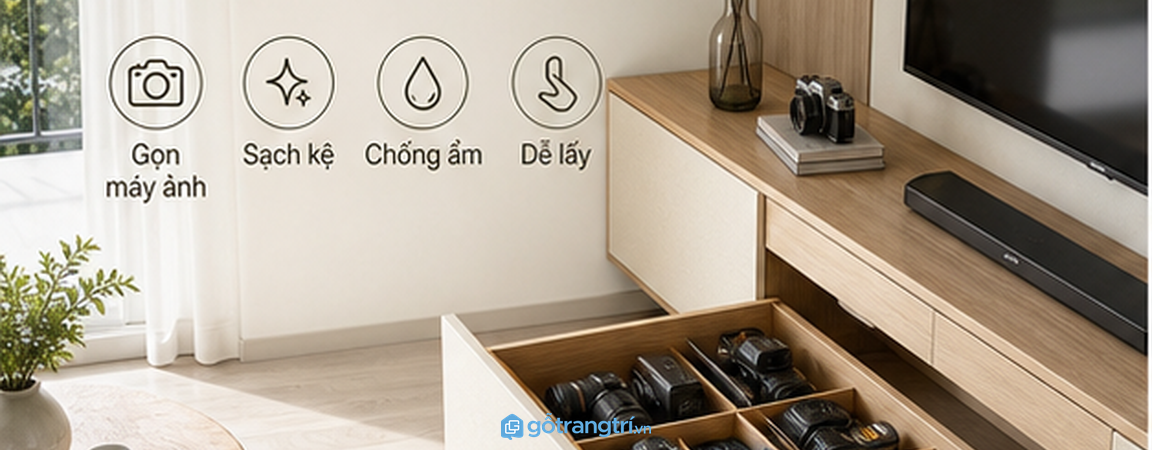 Tủ cất máy ảnh phòng khách nhỏ: gọn máy, sạch kệ và dễ lấy khi cần