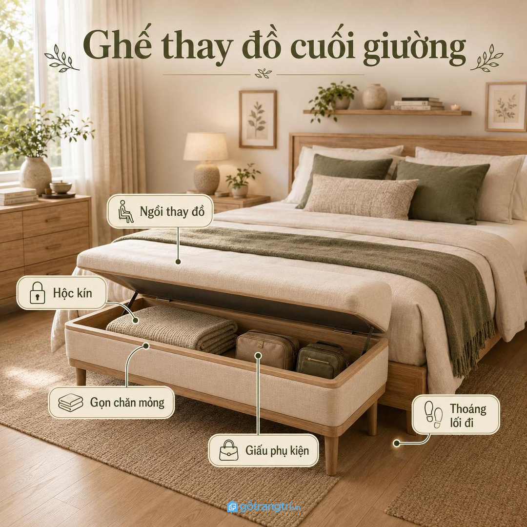 Ghế thay đồ cuối giường giúp có chỗ ngồi tiện và hộc kín cho phòng ngủ nhỏ