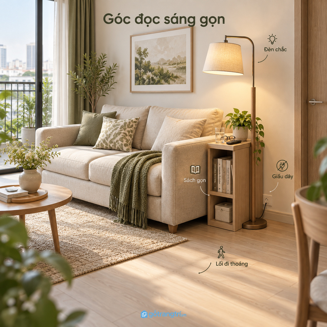 Kệ đèn cây cạnh sofa phòng khách nhỏ giúp góc đọc sáng ấm mà dây điện vẫn gọn