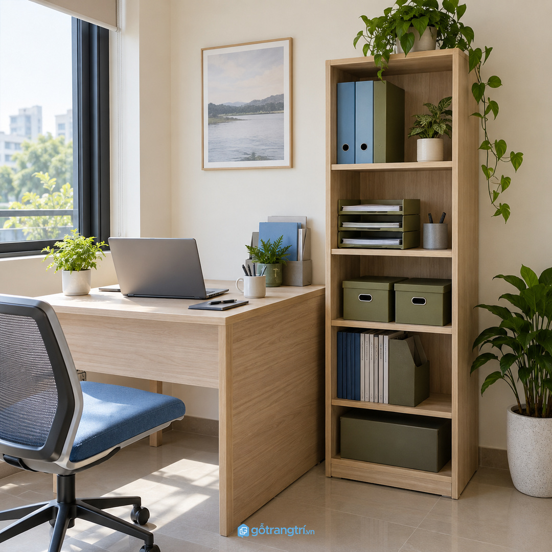 Kệ hồ sơ đứng cạnh bàn làm việc văn phòng nhỏ giúp tài liệu gọn mặt bàn sạch và dễ bàn giao