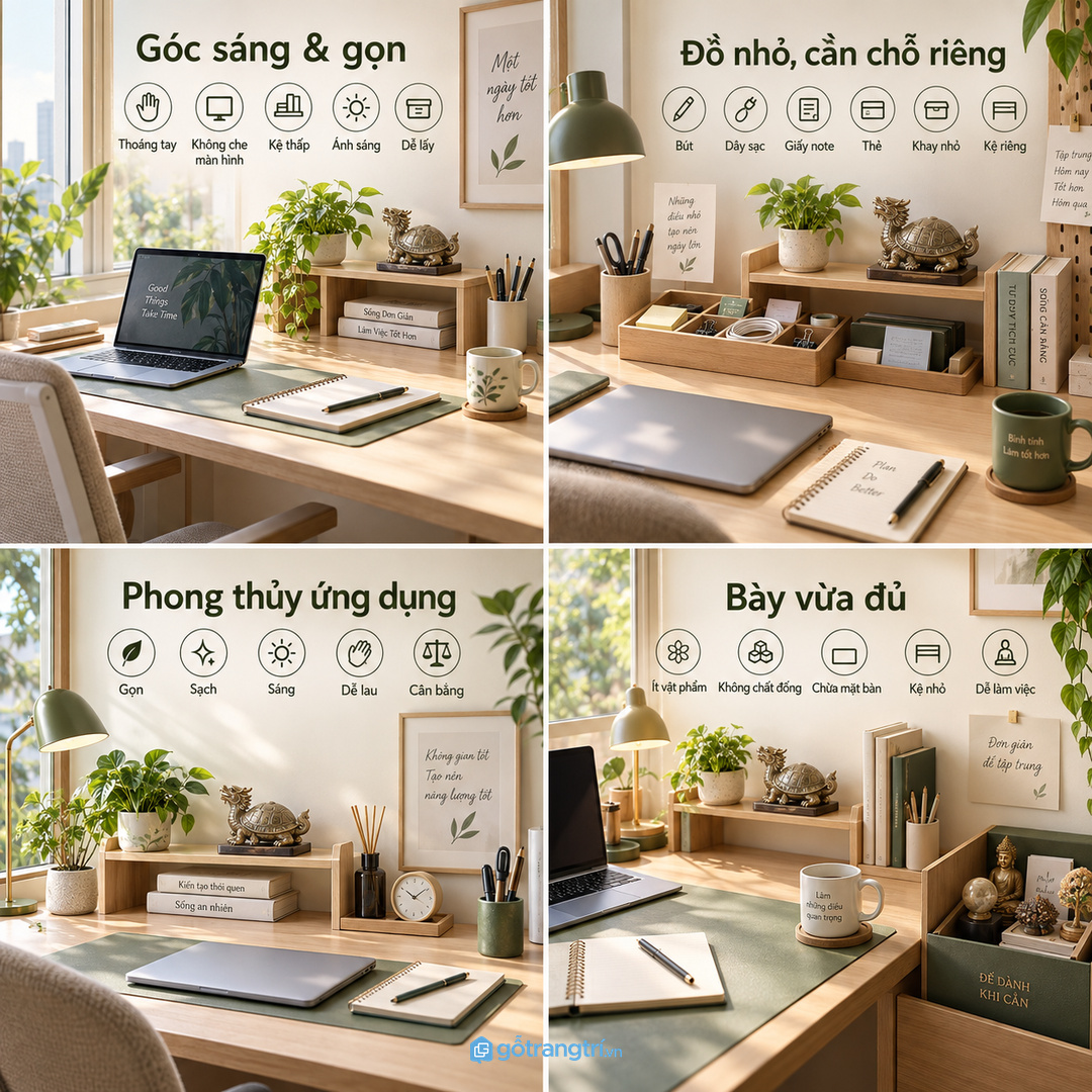 Kệ Long Quy phong thủy cho bàn làm việc nhỏ giúp vật phẩm có vị trí riêng mà mặt bàn vẫn thoáng