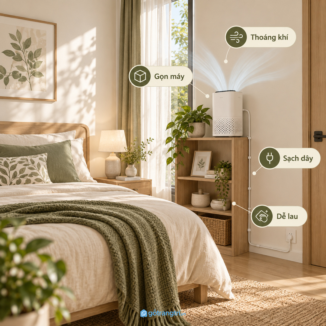 Kệ máy lọc không khí phòng ngủ nhỏ giúp gọn máy sạch dây và giữ luồng gió thoáng hơn