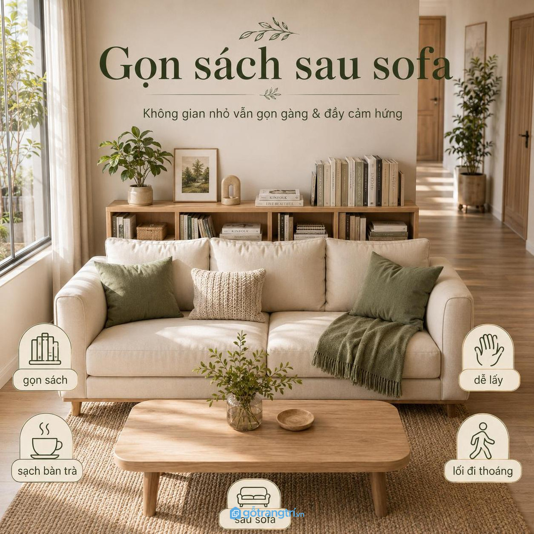 Kệ sách sau sofa phòng khách nhỏ giúp sách tạp chí đồ decor và vật dụng thư giãn có điểm cất gọn