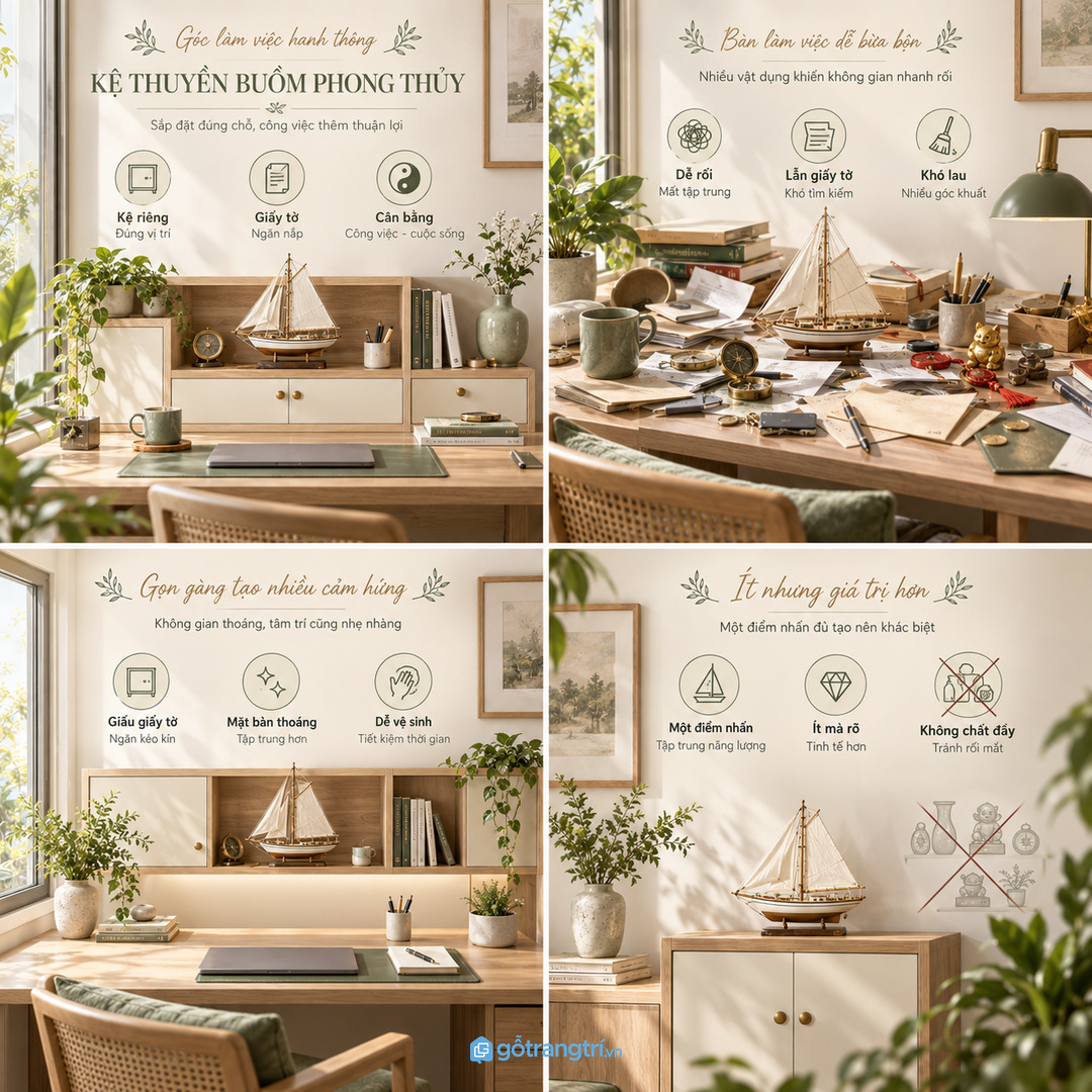 Kệ thuyền buồm phong thủy cho bàn làm việc giúp gọn vật phẩm sáng góc làm việc và dễ giữ nếp