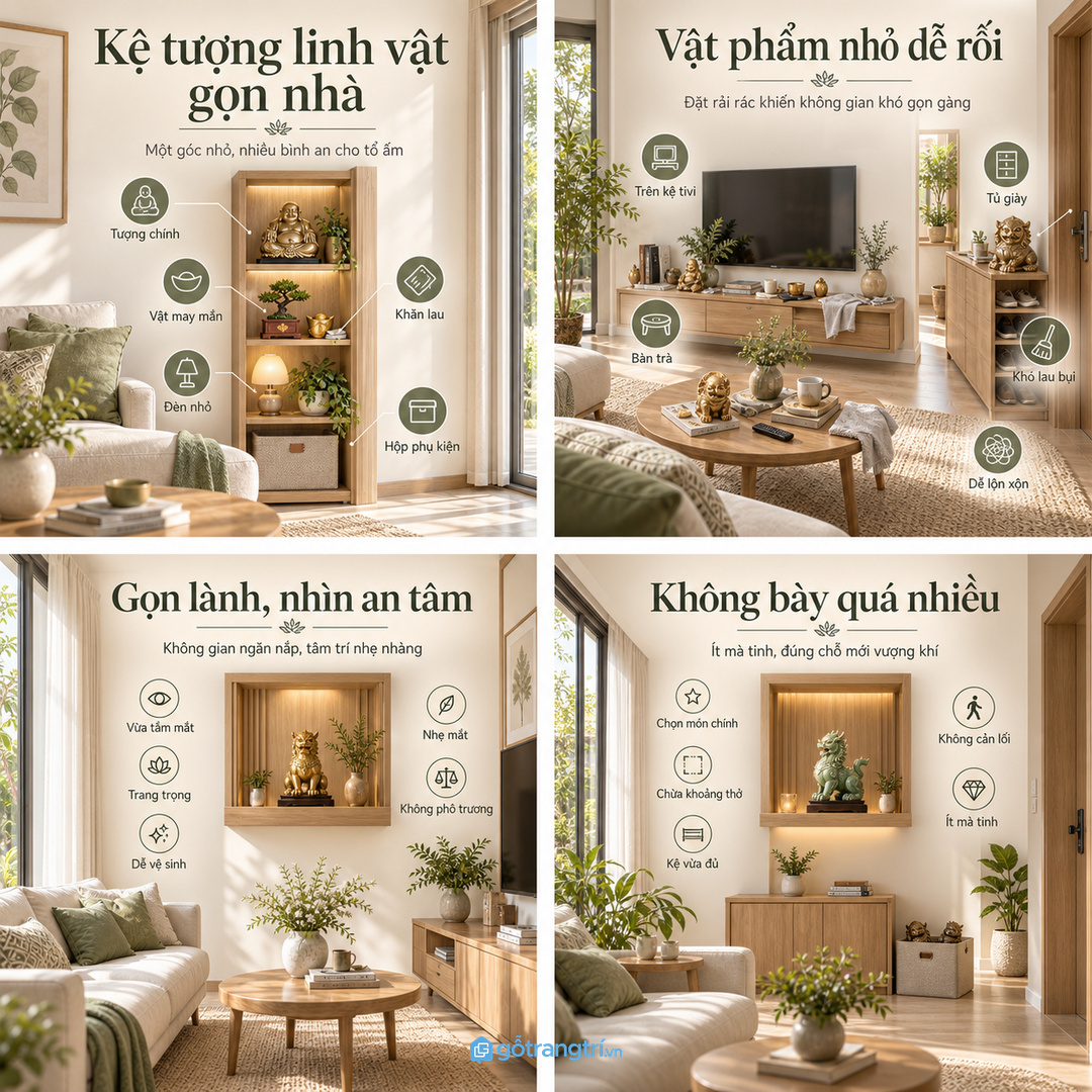 Kệ tượng linh vật phong thủy phòng khách nhỏ giúp gom vật phẩm trang trọng mà không làm nhà rối mắt