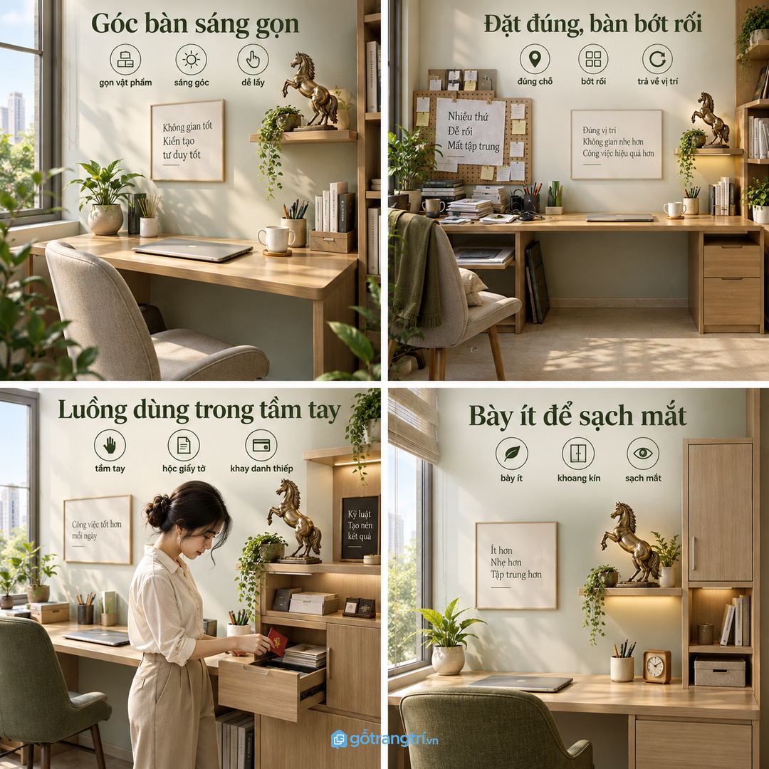 Kệ tượng ngựa phong thủy cho bàn làm việc nhỏ giúp gọn vật phẩm, sáng góc và dễ giữ khí thế