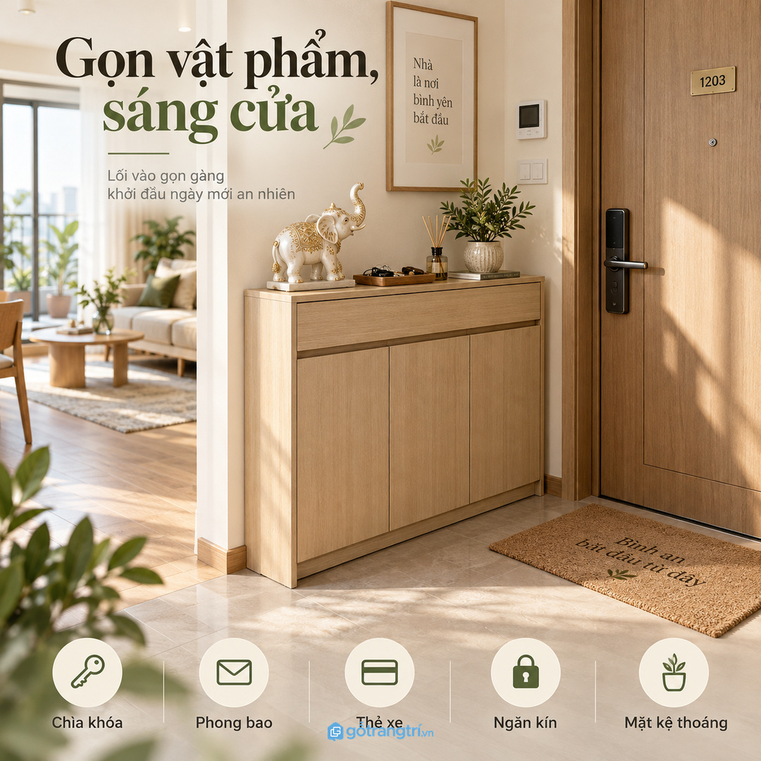 Kệ tượng voi phong thủy lối vào nhỏ giúp gọn vật phẩm, sáng cửa và dễ giữ nếp