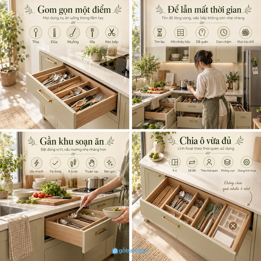 Ngăn kéo thìa đũa cho bếp nhỏ gom dụng cụ ăn uống vào một điểm gọn sạch
