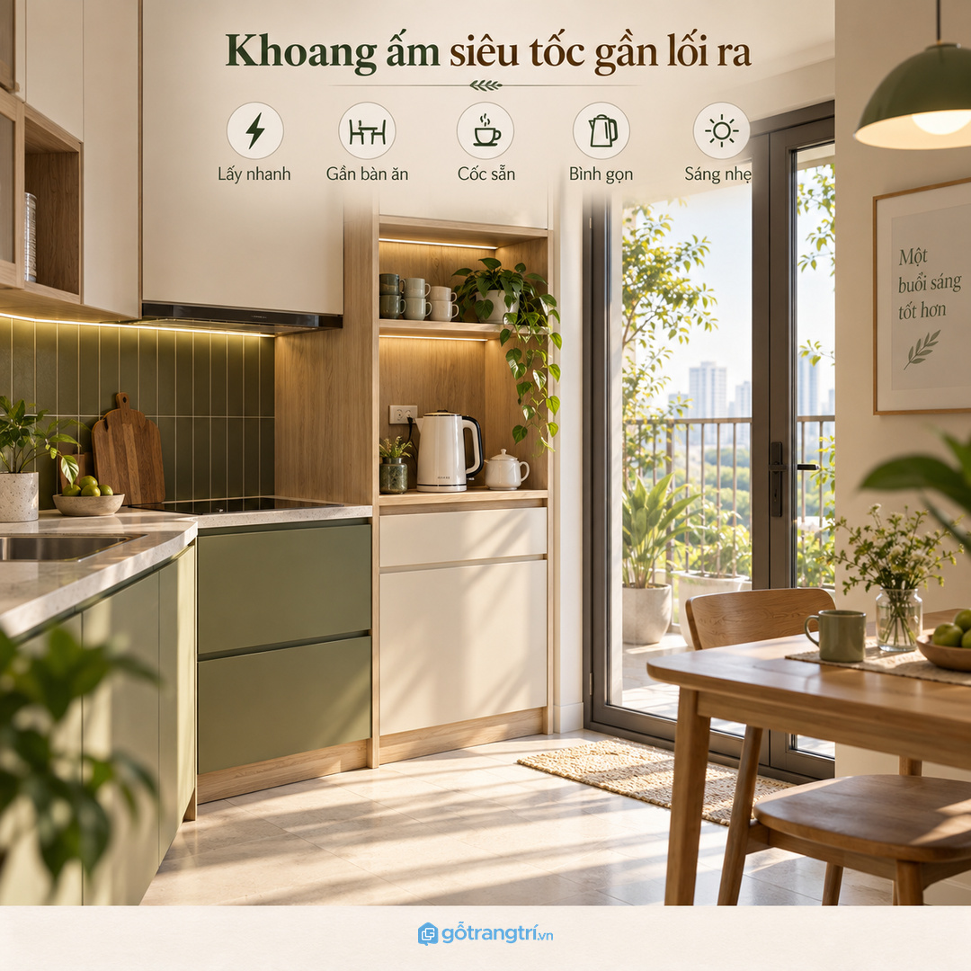 Khoang ấm siêu tốc gần lối ra giúp bếp nhỏ gọn và thuận tay hơn