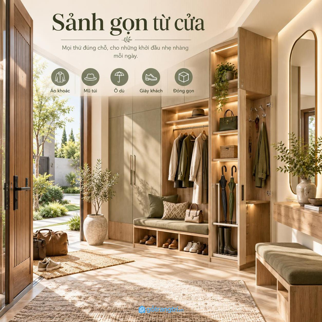 Tủ áo khoác sảnh biệt thự giúp áo mũ túi xách ô dù và giày khách có chỗ cất gọn sang