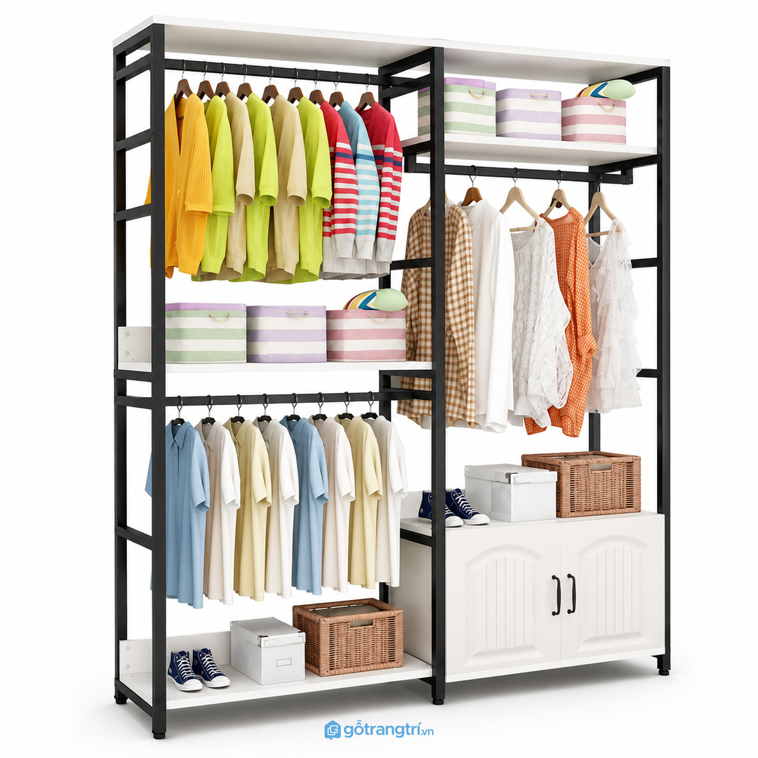 Tủ quần áo khung sắt 1m8 GHS-5080 giúp phòng ngủ nhỏ gọn đồ mà vẫn thoáng mắt