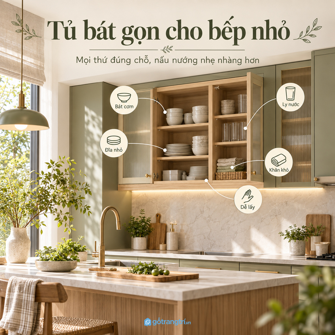 Tủ bát ăn hằng ngày cho bếp nhỏ giúp bát đĩa sạch dễ lấy và mặt bếp gọn hơn