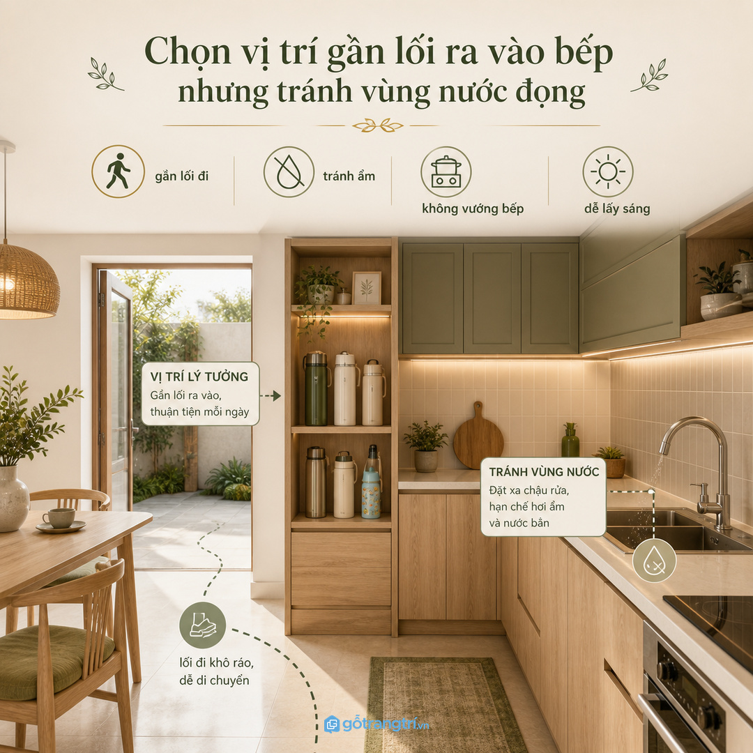 Khoang bình giữ nhiệt gần lối ra giúp bếp nhỏ gọn và thuận tay hơn