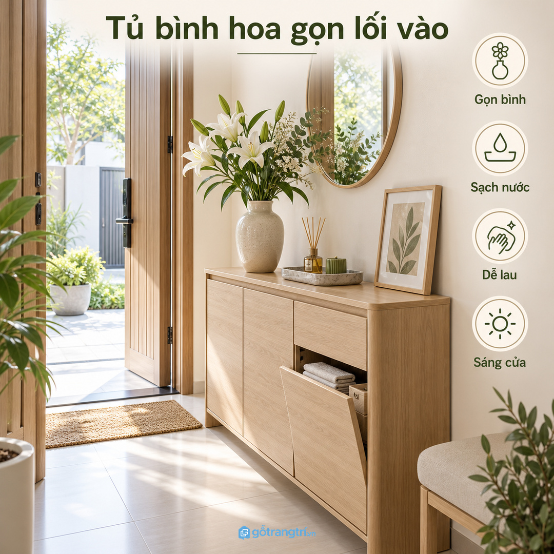 Tủ bình hoa phong thủy lối vào nhỏ giúp gọn bình, sạch nước và sáng cửa nhà
