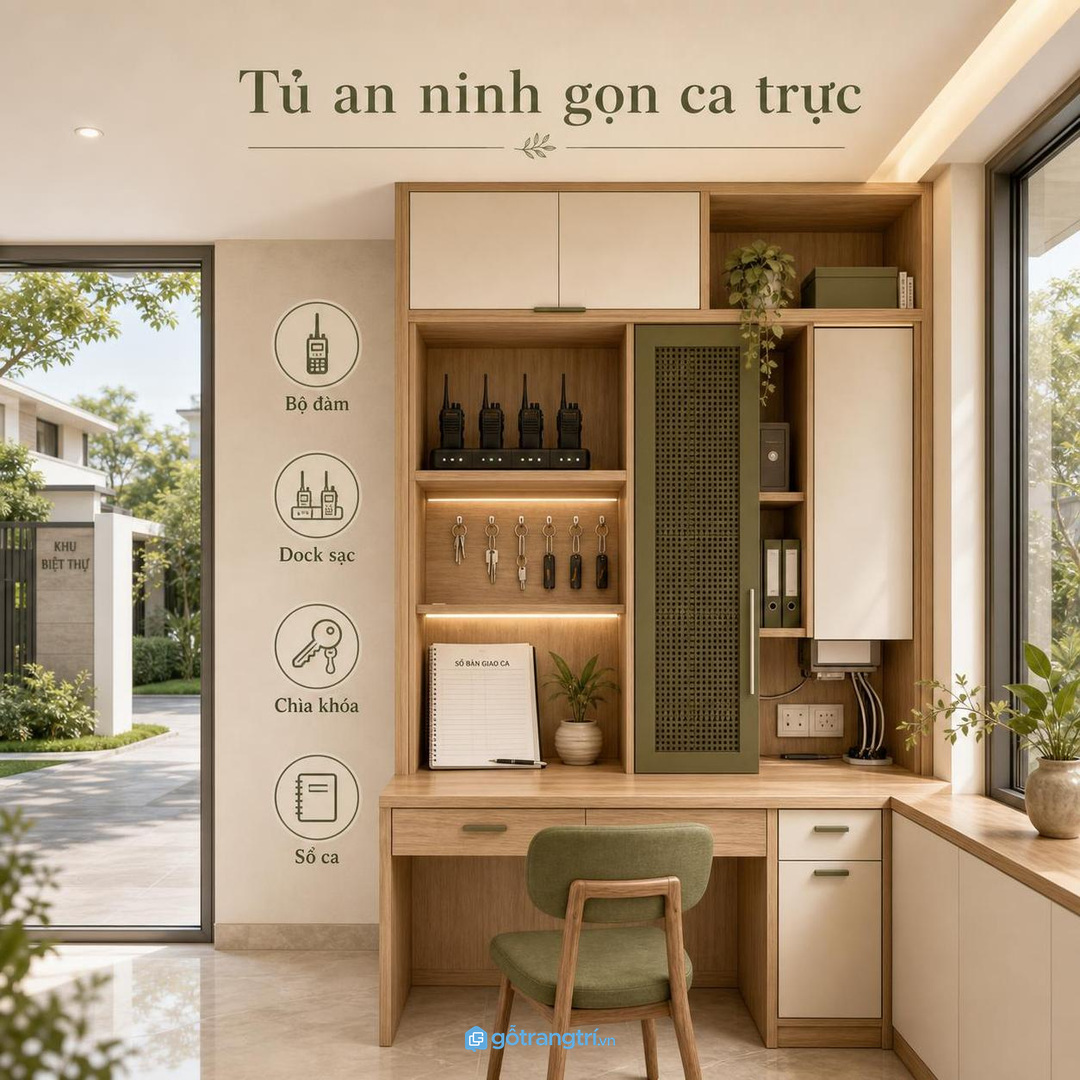 Tủ an ninh gọn ca trực giúp gom bộ đàm dock sạc chìa khóa và sổ bàn giao