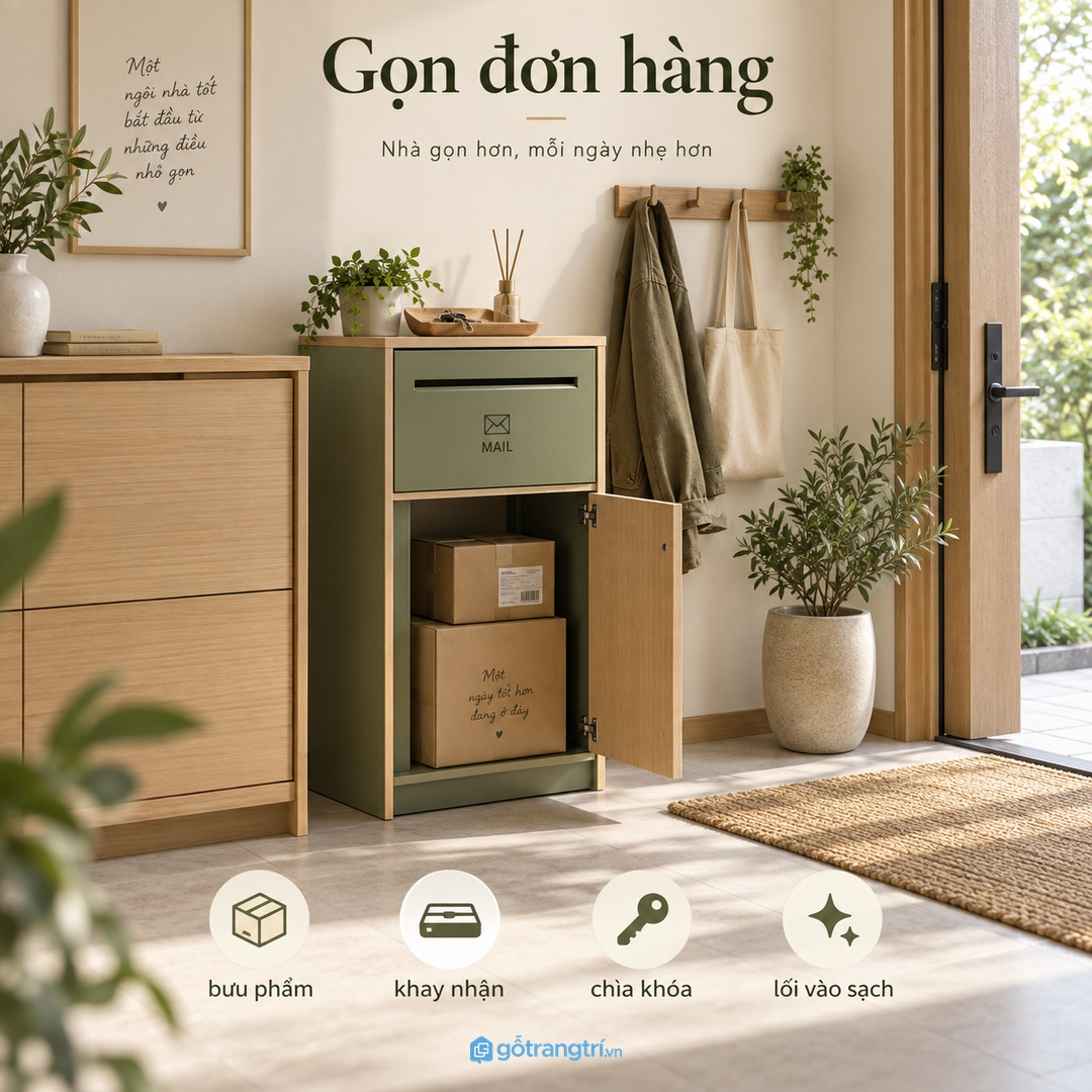 Tủ bưu phẩm lối vào giúp đơn hàng, thư từ, chìa khóa và khay nhận có chỗ riêng