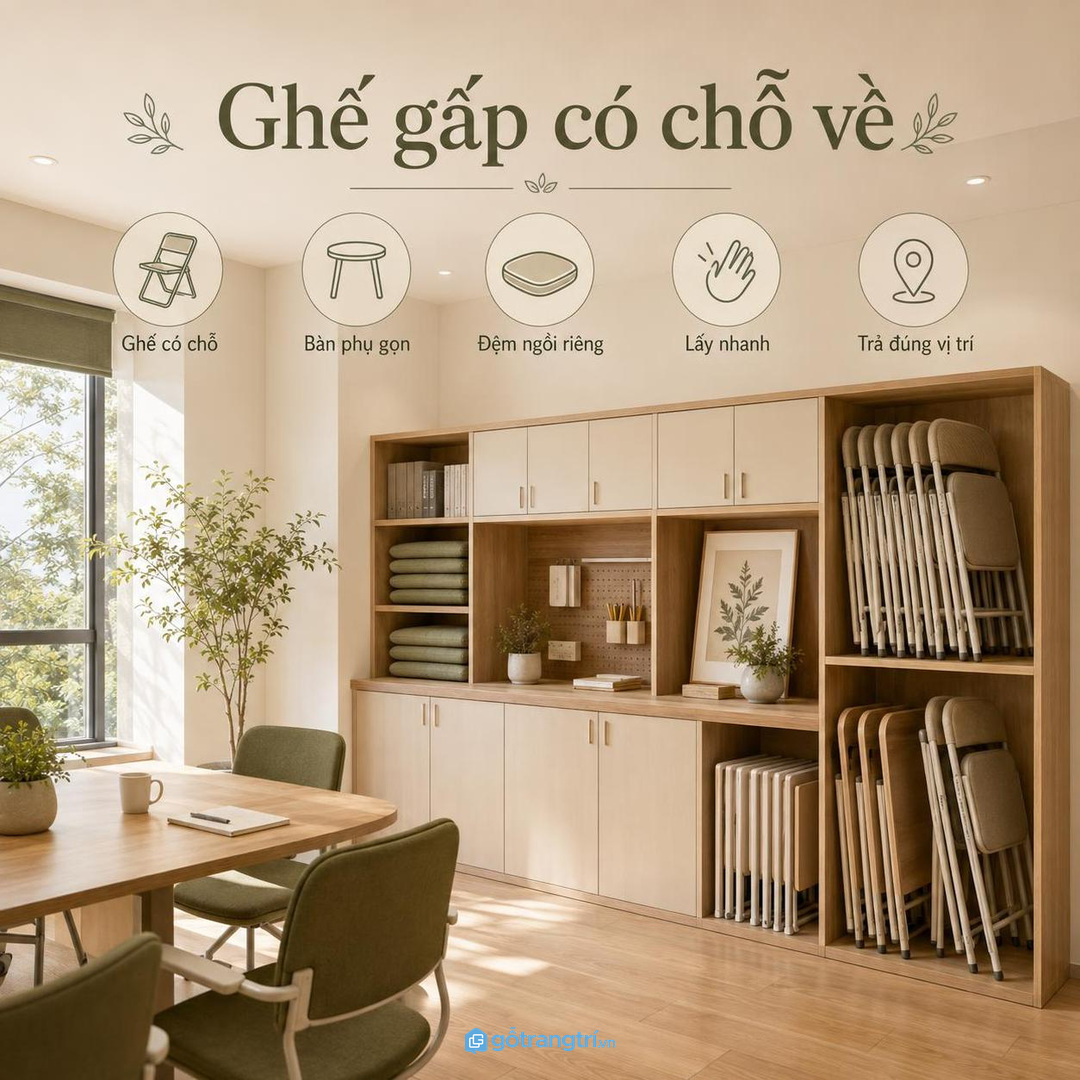 Tủ riêng giúp ghế gấp có chỗ về và phòng họp nhỏ gọn hơn