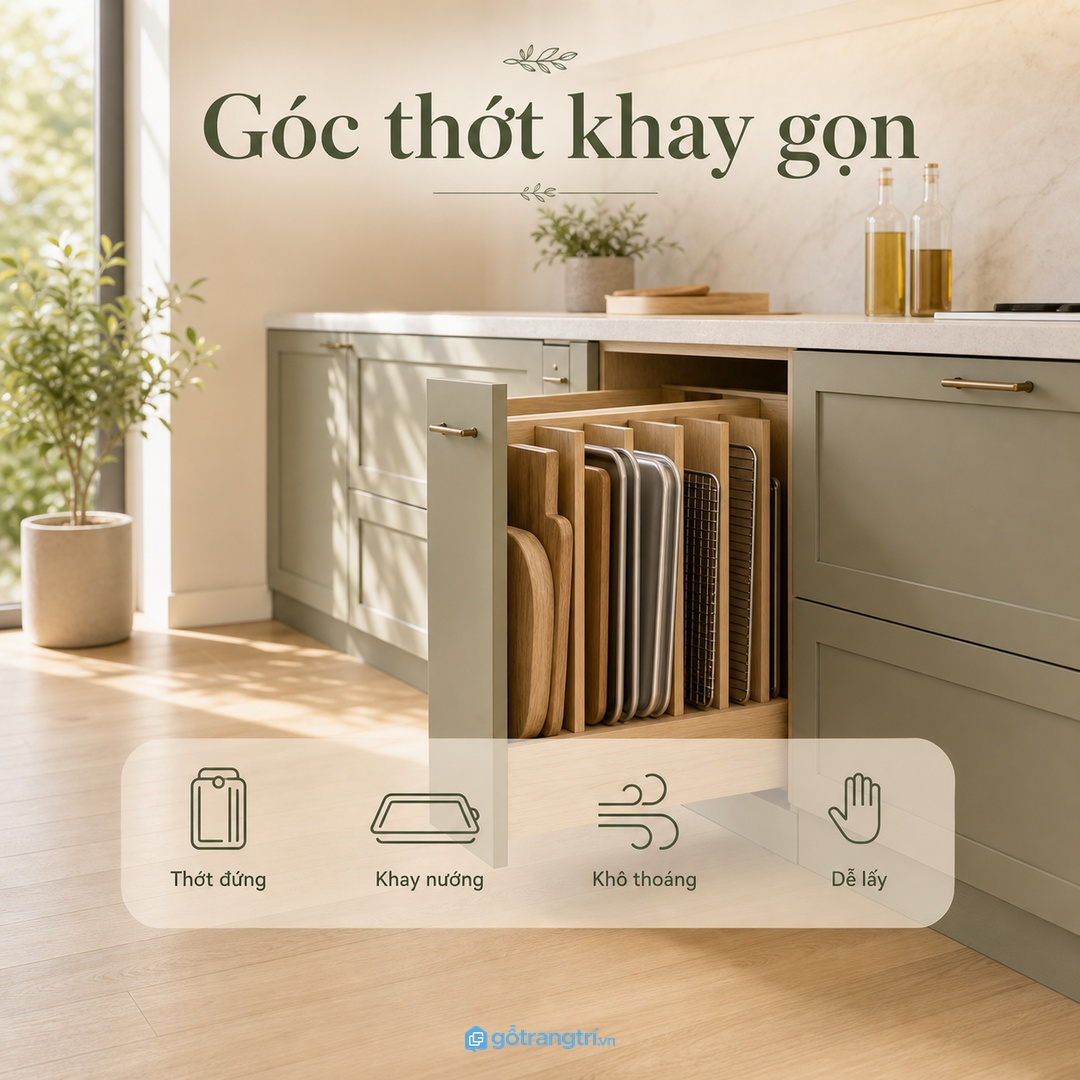 Tủ cất thớt và khay nướng đứng giúp bếp nhỏ gọn và dễ lấy hơn